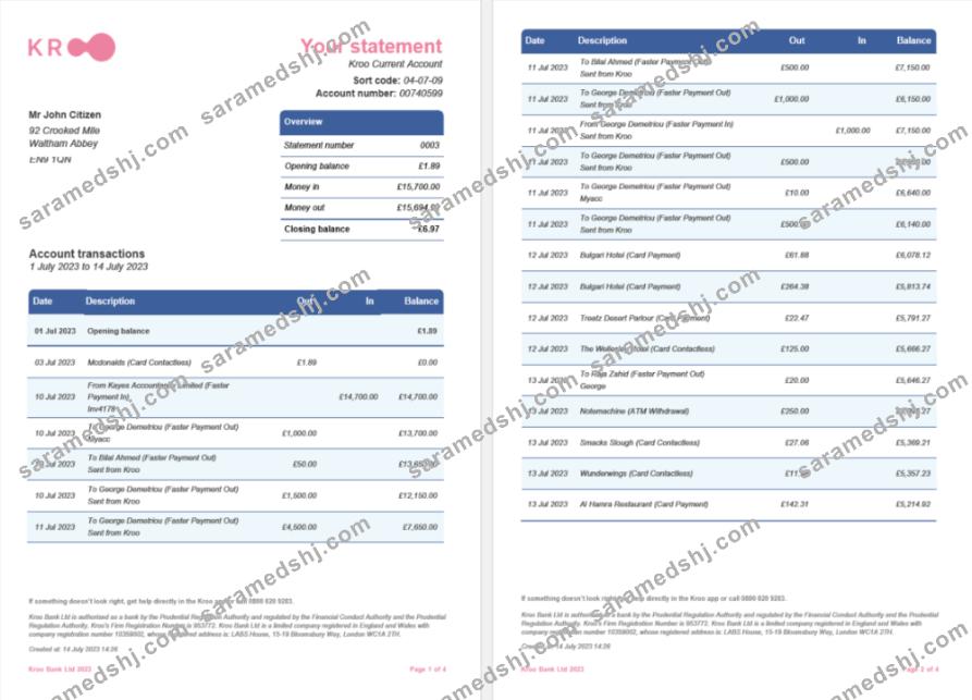 United Kingdom Kroo bank statement Word and PDF template, 4 pages 1 2